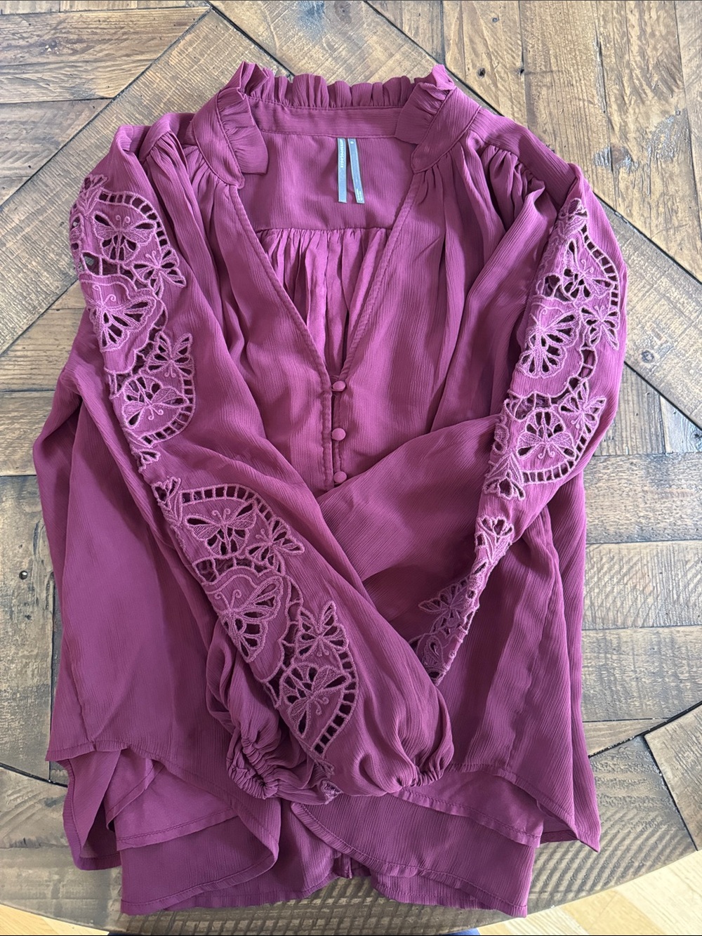 Anthropologie Women’s Medium Plum Embroidered Butterfly Lace-Sleeve Blouse